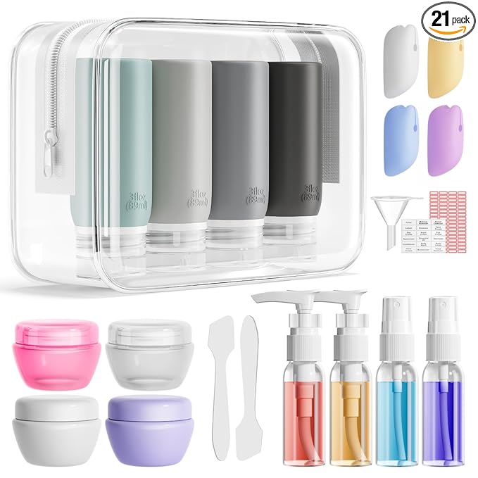 Muslish 21 Pack Travel Bottles for Toiletries, Leak-Proof TSA Compliant Silicone Travel Size Containers for Shampoo and Conditioner, BPA Free with Toiletry Bag (Gray)
