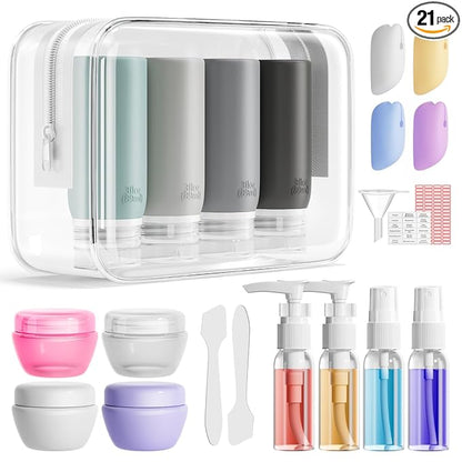 Muslish 21 Pack Travel Bottles for Toiletries, Leak-Proof TSA Compliant Silicone Travel Size Containers for Shampoo and Conditioner, BPA Free with Toiletry Bag (Gray)