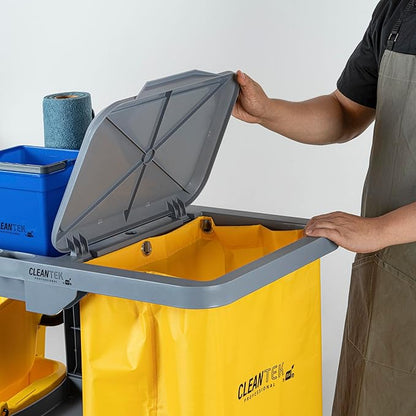 Restaurantware-Clean Tek Professional Janitor Cart with Wheels, 1 Cleaning Trolley with Cover and 18 Gallon Bag - 3 Shelves, Heavy-Duty, Gray Plastic Commercial Janitorial Cart, for Restaurants