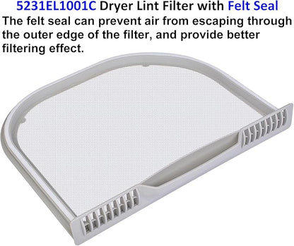5231EL1001C Lint Filter Replacement for LG and Kenmore Dryers, Rim with Felt Seal, Ultra Durable Lint Screen Trap with Dryer Vent Lint Brush