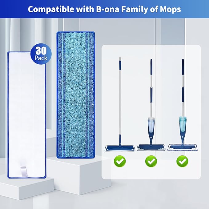 30-Pack Microfiber Mop Pads for Bona Mpo- Washable Reusable Refills for Hardwood, Tile & Multi-Surface Floors | Pet Hair & Stain Remover