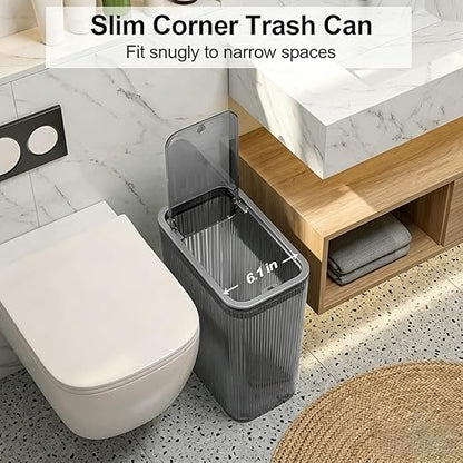 2 Pack Bathroom Trash Can with Lid, 2.6 Gallon Transparent Small Trash Can for Bedroom, Office, Slim Garbage Can with Lid for Narrow Spaces, Modern Decorative Waste Basket, Grey