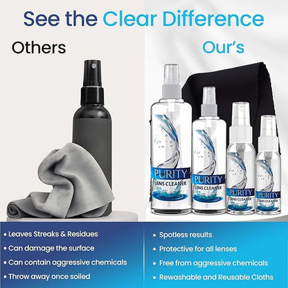 Purity Eyeglass Cleaner Family Pack - Multi-Size Lens Cleaner Kit - 1x1oz, 1x2oz, 1x4oz, 1x8oz Bottles + 4 Premium Microfiber Cloths - Safe for All Lenses, Eyeglasses, & Screens - Streak-Free Formula