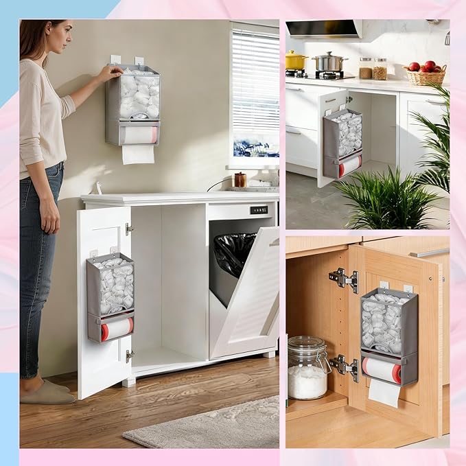 HOUSE AGAIN Bag Holder- Extra Large Plastic Bag Saver Dispenser, Wall Mount Organizer for Grocery Trash Roll,Oxford Machine Washable-Daily Storage Solution for Home Kitchen/Bathroom/Laundry/Deep Grey