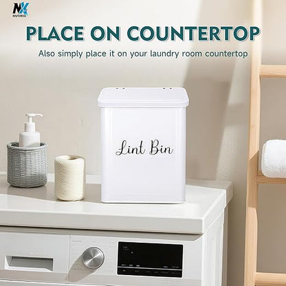 Magnetic Lint Bin for Laundry Room, Wall Mounted Metal Lint Box Holder Trash Can with Lid for Dryer, Lint Basket for Laundry Room Organization,Dryer Trash Can with Soft Lint Brush and Hooks