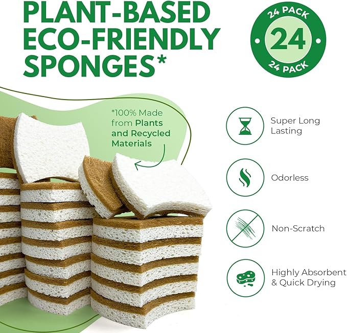 AIRNEX Natural Kitchen Sponges (24 Pack) - Biodegradable Cellulose & Coconut Scrubber Dish Sponge for Kitchen - Eco-Friendly, Non Scratch, Compostable, Non Toxic Natural Sponges for Dishes
