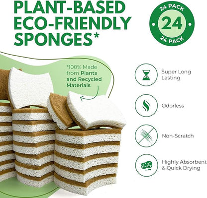 AIRNEX Natural Kitchen Sponges (24 Pack) - Biodegradable Cellulose & Coconut Scrubber Dish Sponge for Kitchen - Eco-Friendly, Non Scratch, Compostable, Non Toxic Natural Sponges for Dishes