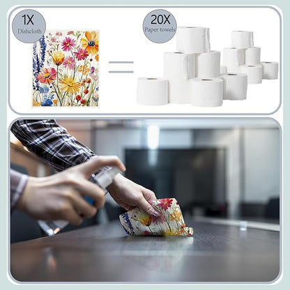 6Pcs 6 Styles Floral Dish Cloths Swedish Kitchen Dishcloths Reusable Wash Towels Soft Washable Rectangle Cellulose Sponge Vintage Colorful Wildflower Mixed Pattern for Kitchen Cleaning
