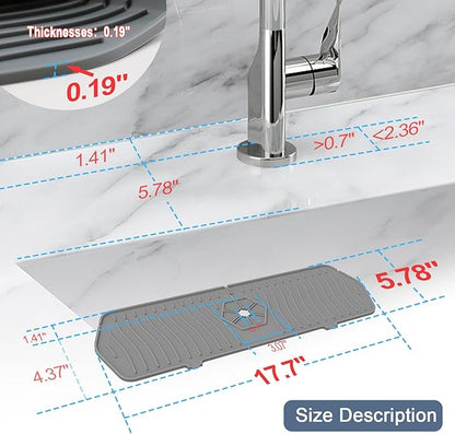 Sink Drain Mat Behind Faucet,Faucet Guard Draining Mat, 90° Foldable Tap Draining Mat for Kitchen Sink with 2 Water Ports, Faucet Drain Mats for Kitchen, Bathroom, etc (Gray, 17.7"*5.78")