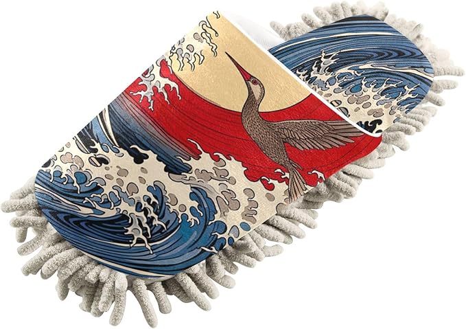 Microfiber Cleaning Slippers Japanese Sea Wave Washable Mop Shoes Slipper for Men/Women House Floor Dust Cleaner, Size L