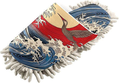 Microfiber Cleaning Slippers Japanese Sea Wave Washable Mop Shoes Slipper for Men/Women House Floor Dust Cleaner, Size L