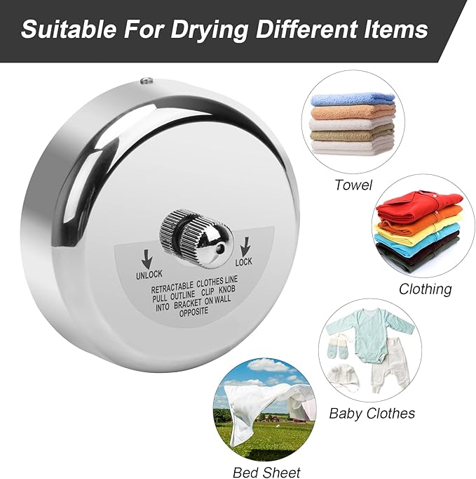 Catcan Retractable Clothesline, Stainless Steel Round Clothes Line Retracting Indoor for Hotel, Bathroom, Laundry with 10 PCS Metal Clothespins Adjustable Rope Shower Clothing Line(9.2FT Nylon String)