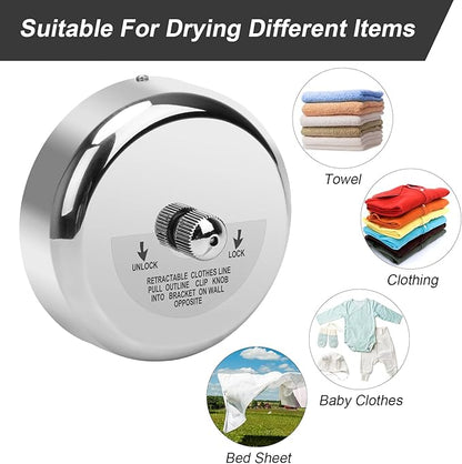 Catcan Retractable Clothesline, Stainless Steel Round Clothes Line Retracting Indoor for Hotel, Bathroom, Laundry with 10 PCS Metal Clothespins Adjustable Rope Shower Clothing Line(9.2FT Nylon String)