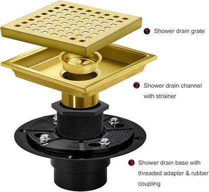 SaniteModar Shower Drain, 6 inch Shower Floor Square Drain with Flange, Removeable Grid Panel SUS 304 Stainless Steel Square Shower Drain, Brushed Gold