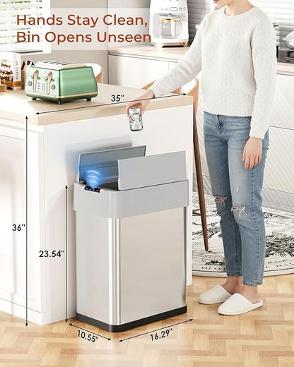 TLSUNNY 13.2 Gallon Automatic Trash Can, Stainless Steel Motion Sensor Garbage bin, Smart Trash Can W/Butterfly Lid, Bag Retainer Ring and Display Light for Living Room,Kitchen,Office (Silver, 50L)