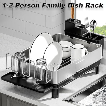 Ewaiira Dish Drying Rack, 304 Stainless Steel Dish Racks for Kitchen Counter, Dish Drainers with Automatic Drainage, Utensil Holder & Cups Holder, Space Saving Kitchen Organizer, Black 16.5''x12.6''