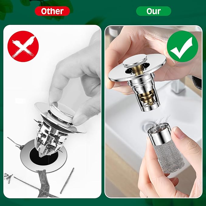 Vodolo 3 in 1 Sink Drain Strainer with Hair Catcher,8PCS Stainless Steel Popup Sink Stopper with Basket for Bathroom Kitchen Shower,Pop-up Bounce Core Floor Basin Drain Filter,Replacement Sink Plug
