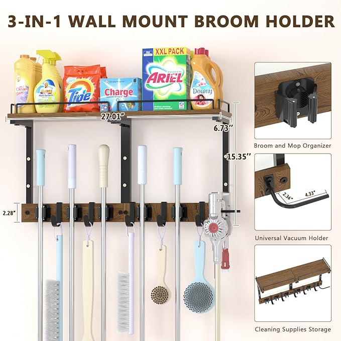 Mop Holder Wall Mount with Cleaning Supplies Organizer, Wood Mop and Broom Hanger Rack Organizer with Anti-Fall Wall Shelf with 5 Clips & Hooks for Garage Laundry Room Organization, Brown