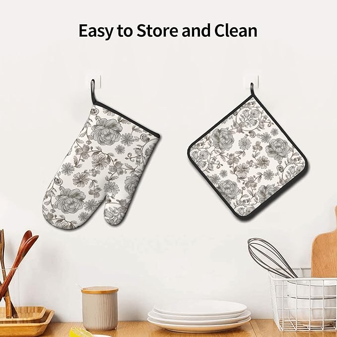 Vintage Flowers Oven Mitts and Pot Holders Sets Boho Kitchen Gloves White Grey Floral Hot Pads Cute Baker Stuff Chef Cooking Baking Gifts for Women
