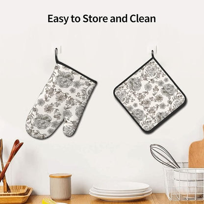 Vintage Flowers Oven Mitts and Pot Holders Sets Boho Kitchen Gloves White Grey Floral Hot Pads Cute Baker Stuff Chef Cooking Baking Gifts for Women
