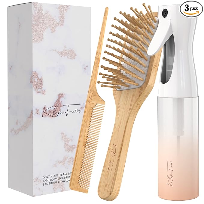 Water Mister Spray Bottle for hair - 3pc set w/bamboo brush, rat tail combs & Continuous spray bottle for hair | Natural Bamboo hair brush & Wooden Comb w/fine misting spray bottles (Rose Gold)