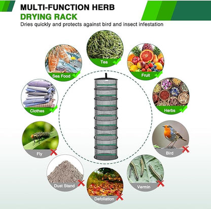 Yesker 8 Layer Herb Drying Rack Hanging Mesh Net Foldable Plant Drying Racks 24" w Green Zipper Pruning Shears Hook Dryer Hanging Rack for Herbs Seed Bud Fruit Clothes Grow Tent Closets Garden Outdoor