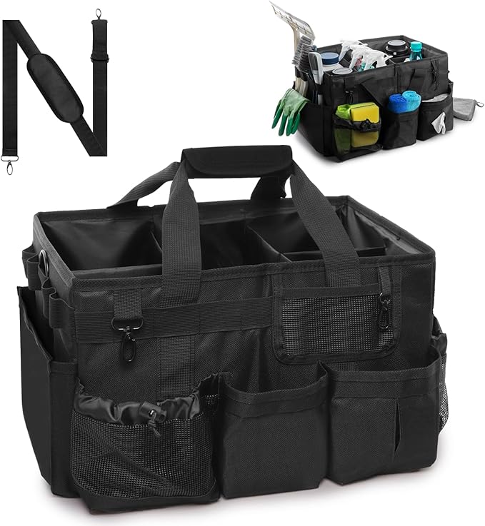 Large Wearable Cleaning Caddy Bags, Cleaning Supplies Organizer with Detachable Divider & Adjustable Shoulder Straps for Housekeepers & Cleaners, 14 inch Black Tool Bag