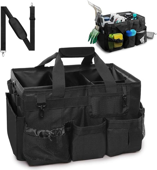 Large Wearable Cleaning Caddy Bags, Cleaning Supplies Organizer with Detachable Divider & Adjustable Shoulder Straps for Housekeepers & Cleaners, 14 inch Black Tool Bag