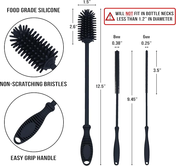 Kitchiny Silicone Bottle Brush with 2 Straw Cleaners - 12.5” Water Bottle Cleaner Brush for Yeti, Hydro Flask, Owala, Stanley, Baby Bottles, Glassware, Vases & Narrow Neck Containers - Grey