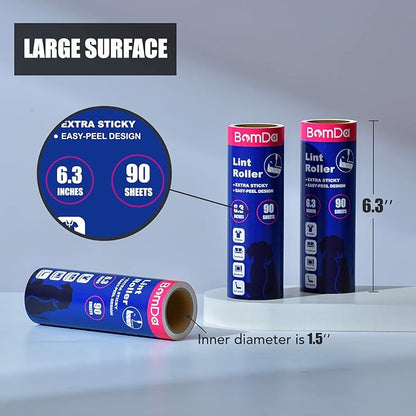 Extra Sticky Large Surface Lint Roller, 6.3'' Giant Lint Roller for Pet Hair, Long Handle Lint Remover for Clothes, Furniture, Dog & Cat Hair Remover (8 Refills / 720 Sheets)
