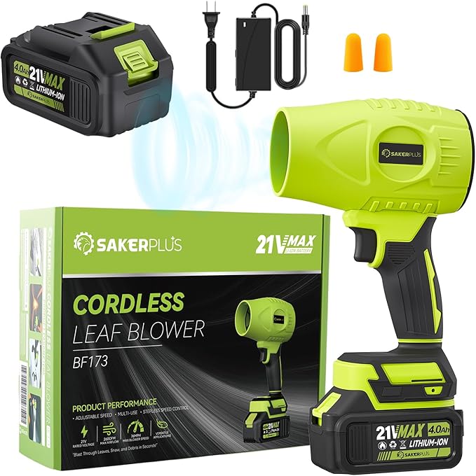 SakerPlus Cordless Leaf Blower,Portable Dust Cleaner with 2 Batteries, 21V 4.0Ah Electric Handheld Blower, 3-Speed Adjustable,Mini Lightweight Leaf Blower for Yard, Patio, Garage, Car (Green)