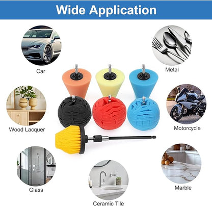 Linkstyle 8Pcs Drill Polishing Cone & Ball Sponge Set, Foam Buffing Pads with Extension Holder & Brush, 1/4" Hex Shank for Electric Drill, Car Wheel Hub Rim & Metal Polisher Tool Kit