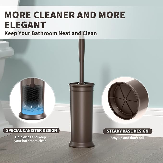 Toilet Brush, Toilet Bowl Brush with Extra Long Handle Durable Bristles Toilet Scrubber and Covered Holder for Toilet Brush Set for Bathroom Cleaning (Brown, 1 Set)
