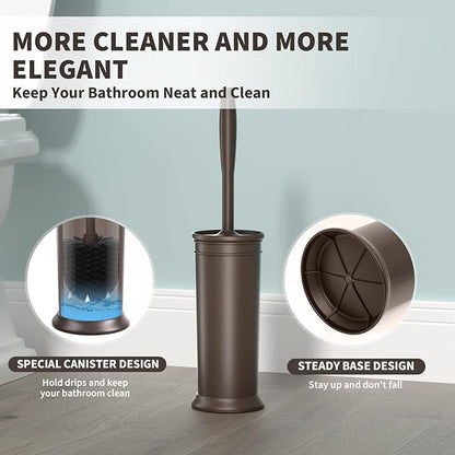 Toilet Brush, Toilet Bowl Brush with Extra Long Handle Durable Bristles Toilet Scrubber and Covered Holder for Toilet Brush Set for Bathroom Cleaning (Brown, 1 Set)