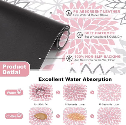 Findosom Dish Drying Mat, 12" x 20" Super Absorbent Dish Mat with Floral, Hide Stain Drying Mat for Kitchen Counter, Under Dish Rack, Coffee Maker, Espresso Machine, Pink