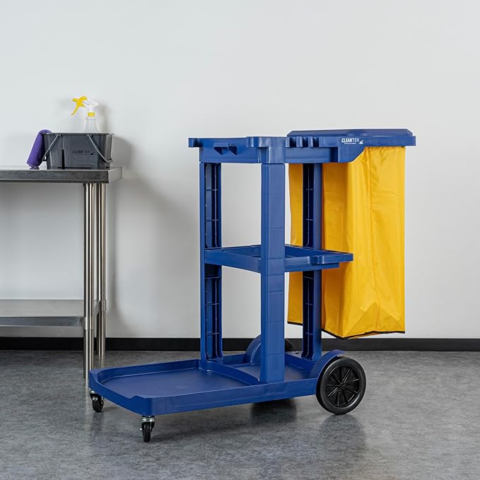 Restaurantware-Clean Tek Professional Janitor Cart with Wheels, 1 Cleaning Trolley with Cover and 18 Gallon Bag - 3 Shelves, Heavy-Duty, Blue Plastic Commercial Janitorial Cart, for Restaurants