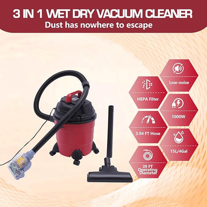 3 in 1 Wet Dry Vacuum Cleaner 4 Gallon Shop Vacuum 1000W Portable Wet Dry Vac with Blower Function Floor Cleaner for Cleaning Car, Boat, Pet Hair, Hard Floor