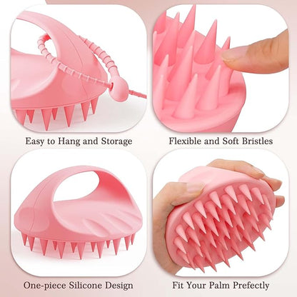 Manmihealth Silicone Back Scrubber & Soft Bath Glove, Silicone Scalp Massager Set 5 PCS, Super-Exfoliating Body Scrubber Shower Brush & Shampoo Brush Combination, with 2 Free Hooks (Style 2 Pink)