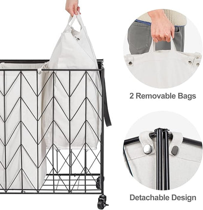 WOWLIVE Laundry Basket with Wheels, Heavy Duty Laundry Hamper with Wood Lid, Clothes Hamper with Divided Removable Liner Bag, Large Capacity Iron-Made Laundry Sorter Laundry Room Organization (Beige)
