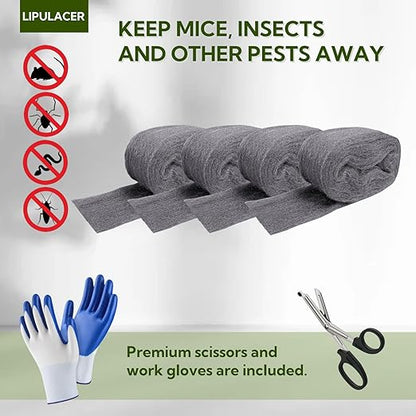 Steel Wool Mice Control - 4 Pack 3'' x 11Ft Steel Wool 0000 - Fine SteelWool Included Work Gloves & Scissors - Mouse Wall Hole Filler for Home, Garden & Garage