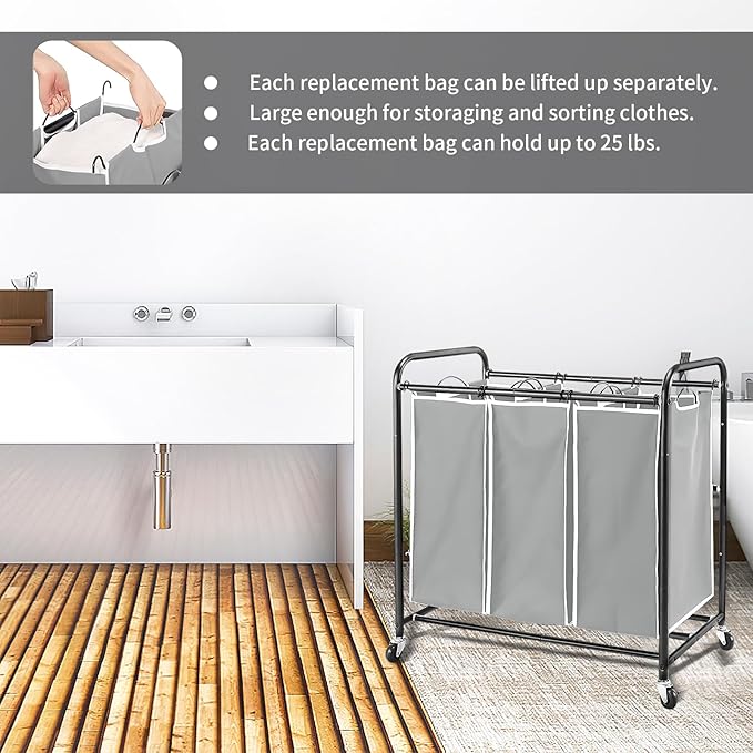 3 Bag Laundry Sorter Replacement Bags with 6 Handles, Jhua 3 Pack Large Hamper Cart Removable Replacement Bags, 600D Laundry Hamper Liner Laundry Storage Organizer, 14.9x9.0x21.7in