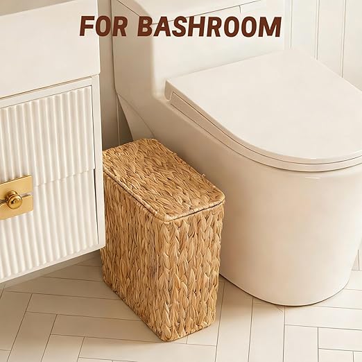 Wicker Trash Can,3 Gallon Bathroom Trash Can with Lid,Natural Water Hyacinth Wicker Waste Basket with Removable Liner, for Bedroom, Toilet, Narrow Spaces