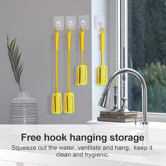 4PCS Yellow Soft Sponge Bottle Cleaning Brush Plastic Handle Cup Brush Scrubber Washing Brush vase Bottle Pot Cleaner（2 Size 10”15”）