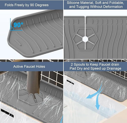 Sink Drain Mat Behind Faucet,Faucet Guard Draining Mat, 90° Foldable Tap Draining Mat for Kitchen Sink with 2 Water Ports, Faucet Drain Mats for Kitchen, Bathroom, etc (Gray, 17.7"*5.78")