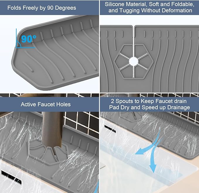 Faucet Guard - 90 Foldable Drain Mat for Kitchen & Bathroom Sink (Gray, 24"*5.66")
