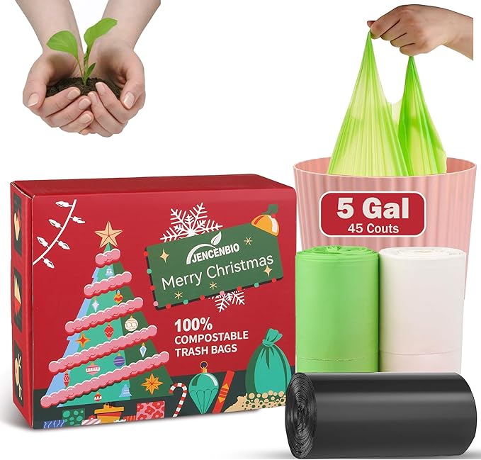 5 Gallon Compostable Handle Trash Bags Compost Food Scrap Waste Bags with US BPI ASTM D6400 and Europe OK Compost Home Certified Christmas Gift 50 Couts