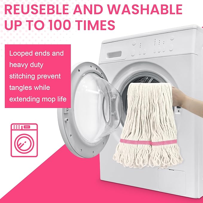 Eccliy 6 Pack Mop Heads Replacement Commercial Industrial Mop Heads Heavy Loop End Cotton String Heavy Duty Refills Wet Washable Refills for Home General Floor Cleaning (White,Pink)