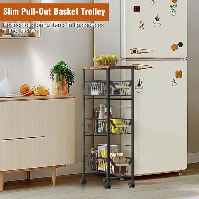 4-Tier Slim Rolling Cart with Pull-Out Baskets & Wooden Top Narrow Mobile Storage Organizer, Multipurpose Utility Cart with Handle for Small Spaces, Kitchen, Bathroom, Laundry Room, Office, Brown