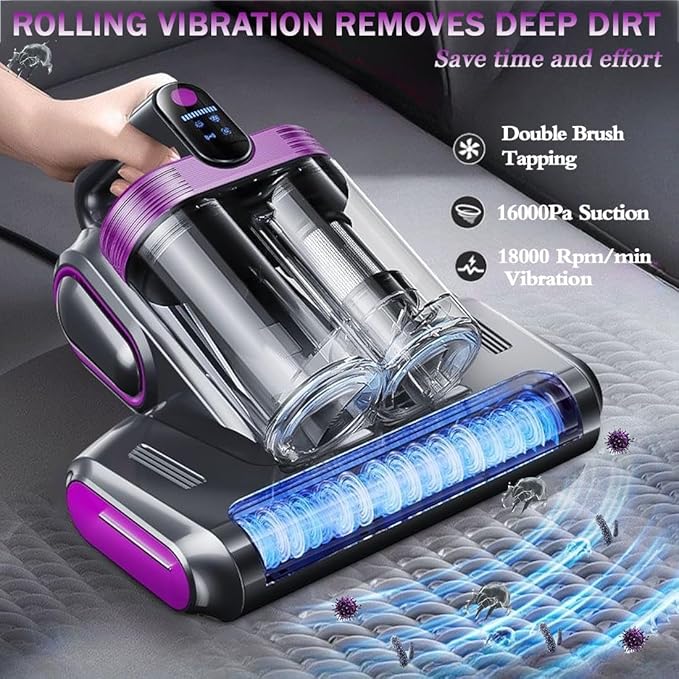 Cordless Double-Cup Mattress Cleaner, 18Kpa Suction 253.7nm UV-C Light & 80000Rpm Rotation Ultrasonic Tech, Portable Handheld Vacuum for Bed/Fabric Sofa/Carpet Cleaning(Purple)