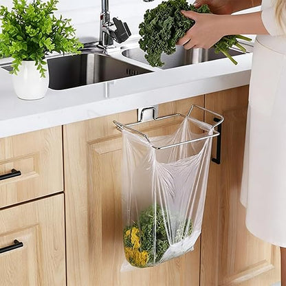 Trash Bag Holder, Stainless Steel Garbage Bag Holder Portable Under Sink Bag Hanger for Kitchen Cabinet Doors Bathroom